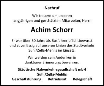 Traueranzeige von Achim Schorr von Südthüringer Presse