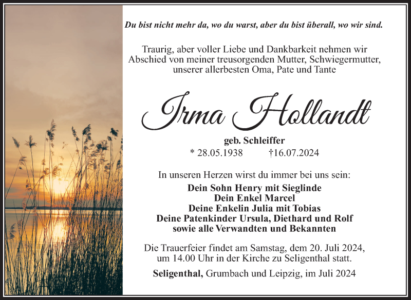  Traueranzeige für Irma Hollandt vom 19.07.2024 aus Südthüringer Presse