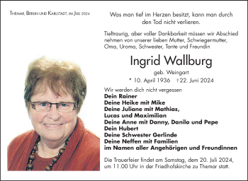 Traueranzeige von Ingrid Wallburg von Südthüringer Presse