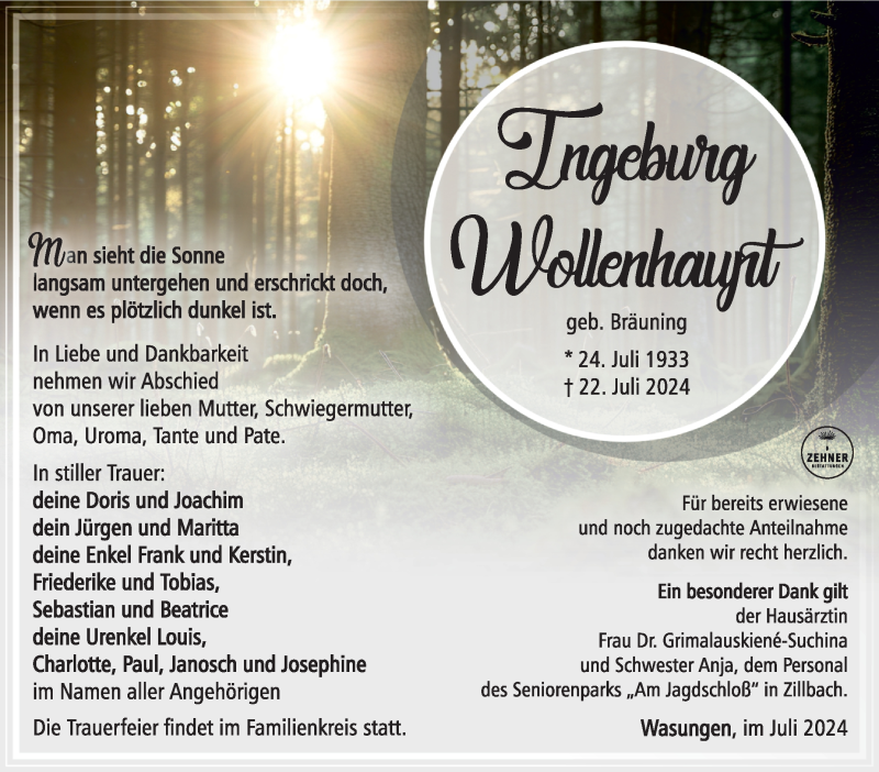  Traueranzeige für Ingeburg Wollenhaupt vom 27.07.2024 aus Südthüringer Presse