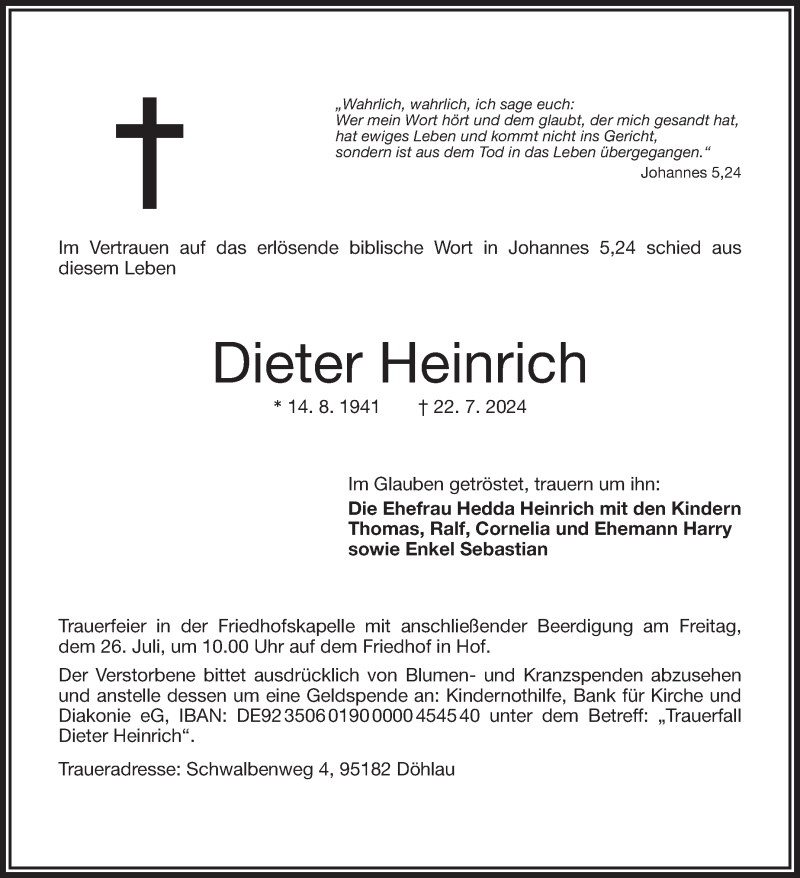  Traueranzeige für Dieter Heinrich vom 24.07.2024 aus Frankenpost