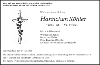 Traueranzeige von Hannchen Köhler von Neue Presse Coburg