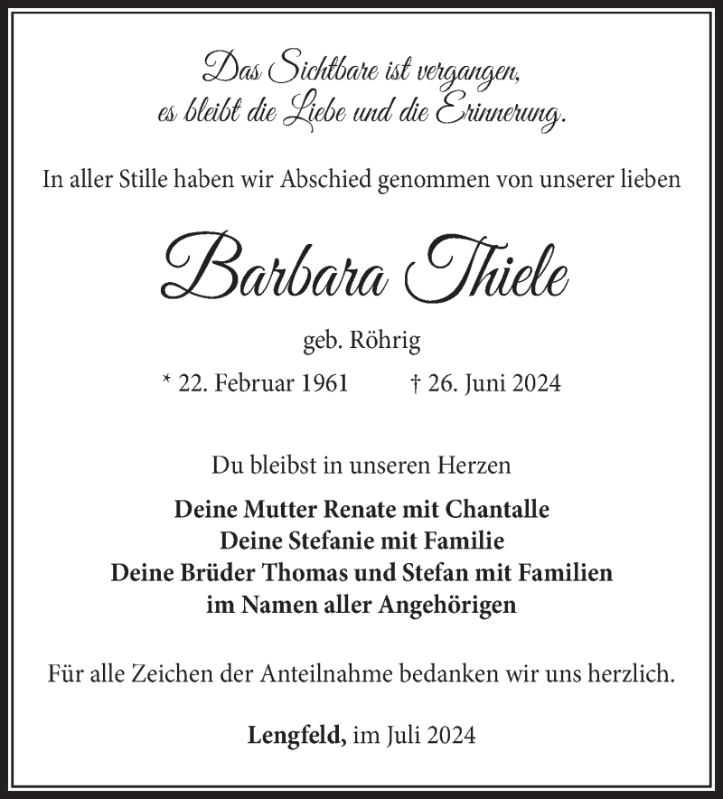  Traueranzeige für Barbara Thiele vom 27.07.2024 aus Südthüringer Presse