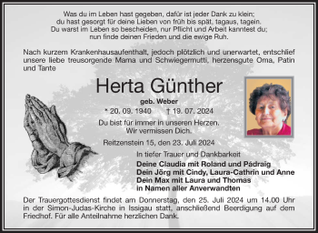 Traueranzeige von Herta Günther von Frankenpost