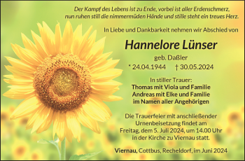 Traueranzeige von Hannelore Lünser von Südthüringer Presse