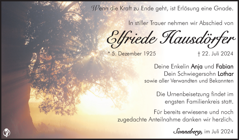 Traueranzeige für Elfriede Hausdörfer vom 27.07.2024 aus Südthüringer Presse