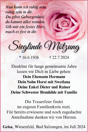Traueranzeige von Sieglinde Mötzung von Südthüringer Presse