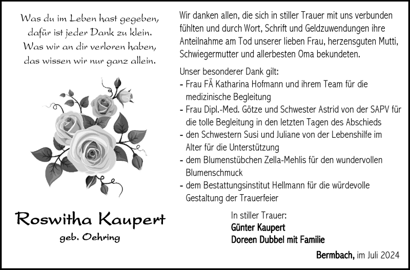  Traueranzeige für Roswitha Kaupert vom 19.07.2024 aus Südthüringer Presse