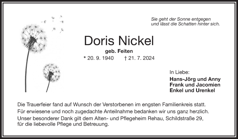  Traueranzeige für Doris Nickel vom 27.07.2024 aus Frankenpost
