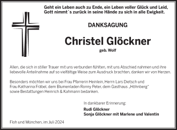 Traueranzeige von Christel Glöckner von Südthüringer Presse