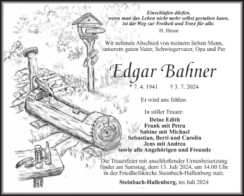 Traueranzeige von Edgar Bahner von Südthüringer Presse