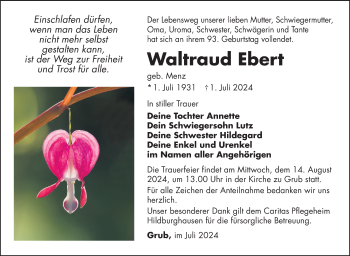 Traueranzeige von Waltraud Ebert von Südthüringer Presse