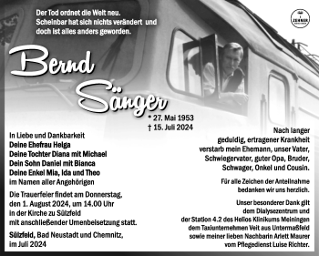 Traueranzeige von Bernd Sänger von Südthüringer Presse