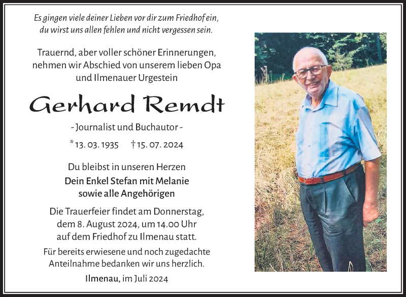  Traueranzeige für Gerhard Remdt vom 27.07.2024 aus Südthüringer Presse