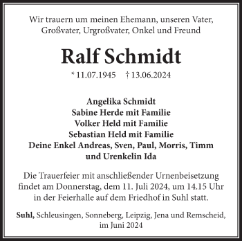 Traueranzeige von Ralf Schmidt von Südthüringer Presse