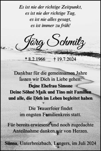 Traueranzeige von Jörg Schmitz von Südthüringer Presse