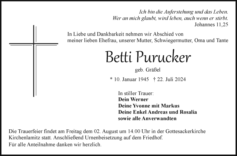  Traueranzeige für Betti Purucker vom 30.07.2024 aus Frankenpost