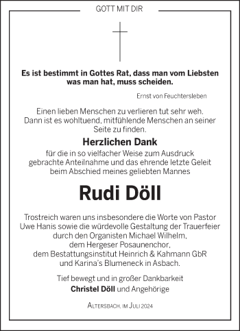 Traueranzeige von Rudi Döll von Südthüringer Presse