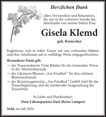 Traueranzeige von Gisela Klemd von Südthüringer Presse