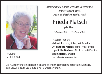 Traueranzeige von Frieda Platsch von Neue Presse Coburg