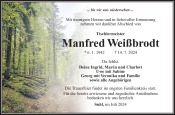 Traueranzeige von Manfred Weißbrodt von Südthüringer Presse