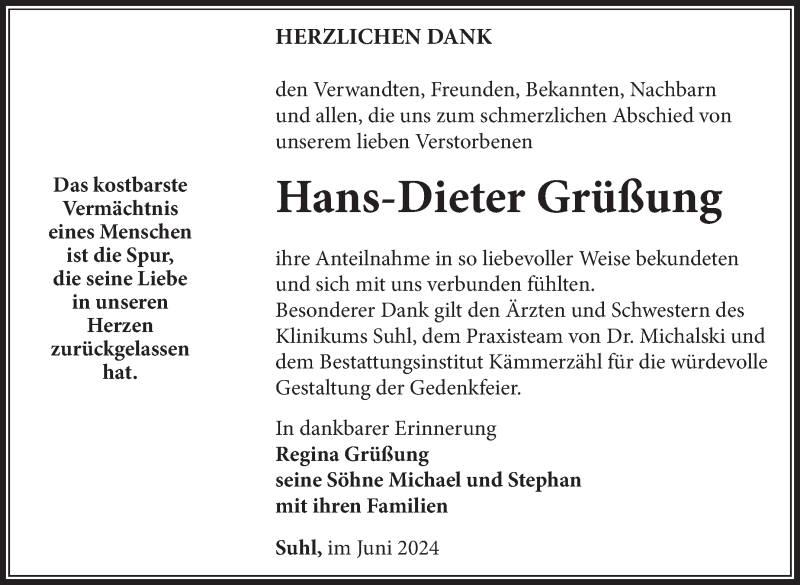  Traueranzeige für Hans-Dieter Grüßung vom 29.06.2024 aus Südthüringer Presse