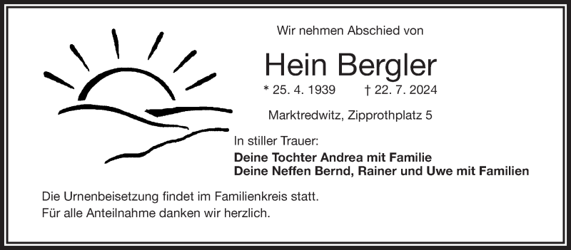  Traueranzeige für Hein Bergler vom 27.07.2024 aus Frankenpost