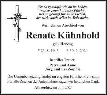 Traueranzeige von Renate Kühnhold von Südthüringer Presse