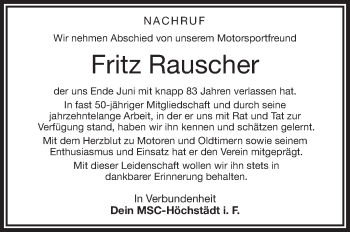Traueranzeige von Fritz Rauscher von Frankenpost