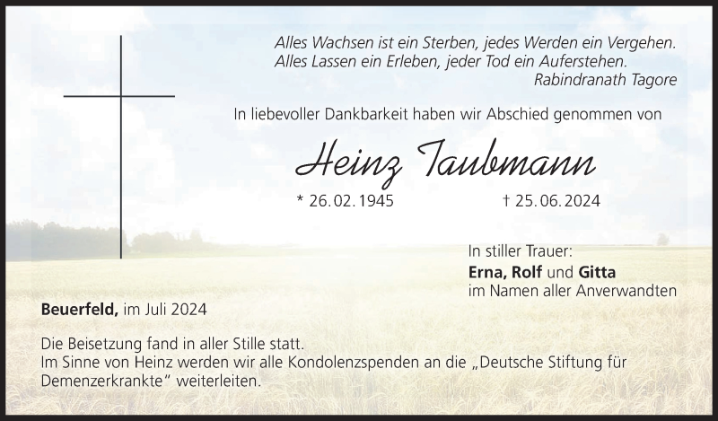  Traueranzeige für Heinz Taubmann vom 13.07.2024 aus Neue Presse Coburg