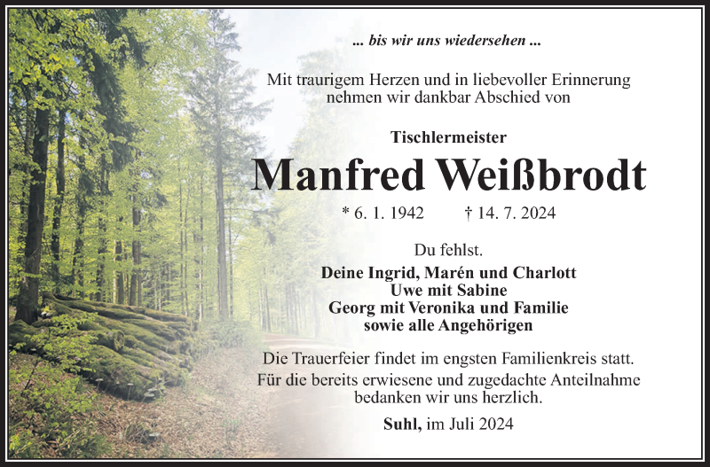  Traueranzeige für Manfred Weißbrodt vom 27.07.2024 aus Südthüringer Presse