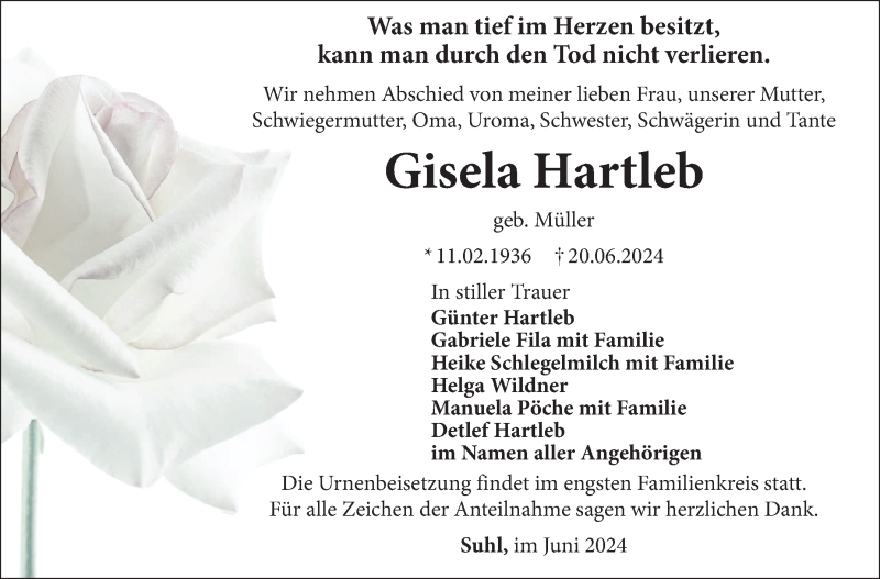  Traueranzeige für Gisela Hartleb vom 29.06.2024 aus Südthüringer Presse
