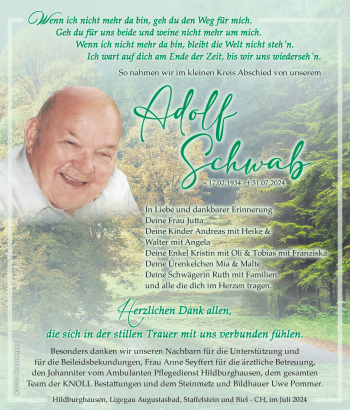 Traueranzeige von Adolf Schwab von Südthüringer Presse