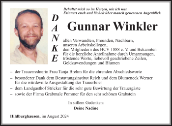Traueranzeige von Gunnar Winkler von Südthüringer Presse