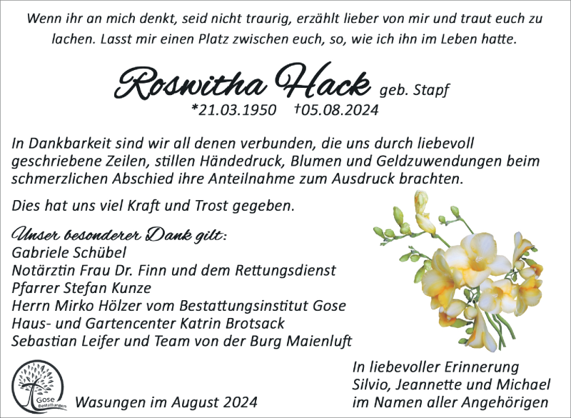  Traueranzeige für Roswitha Hack vom 31.08.2024 aus Südthüringer Presse