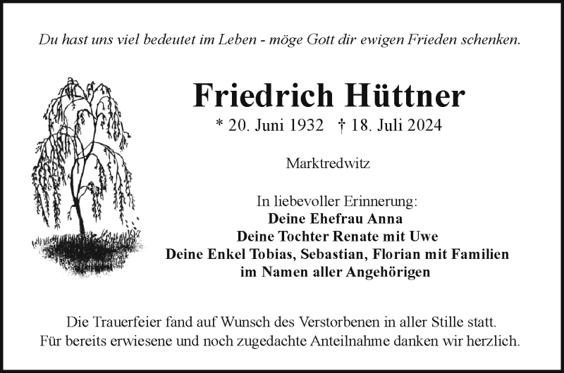  Traueranzeige für Friedrich Adolf Hüttner vom 03.08.2024 aus Frankenpost