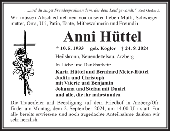 Traueranzeige von Anni Hüttel von Frankenpost
