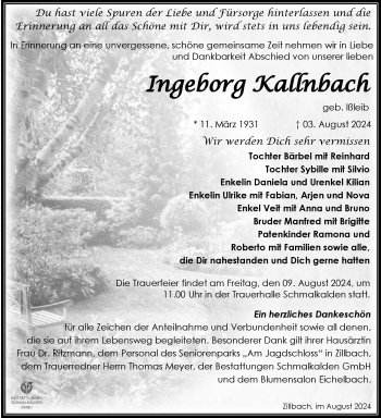 Traueranzeige von Ingeborg Kallnbach von Südthüringer Presse