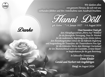 Traueranzeige von Hanni Döll von Südthüringer Presse