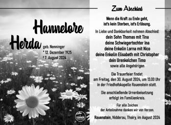Traueranzeige von Hannelore Herda von Südthüringer Presse