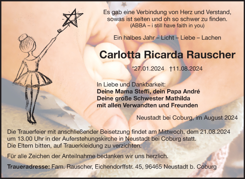  Traueranzeige für Carlotta Rauscher vom 17.08.2024 aus Neue Presse Coburg