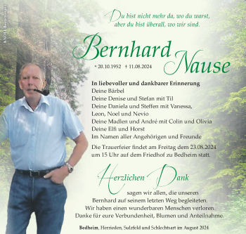 Traueranzeige von Bernhard Nause von Südthüringer Presse