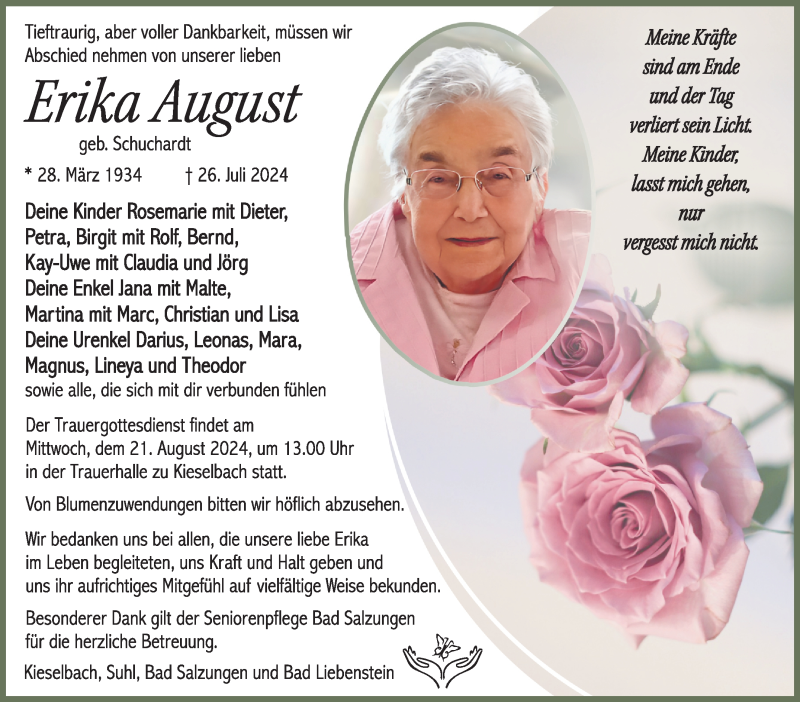  Traueranzeige für Erika August vom 10.08.2024 aus Südthüringer Presse