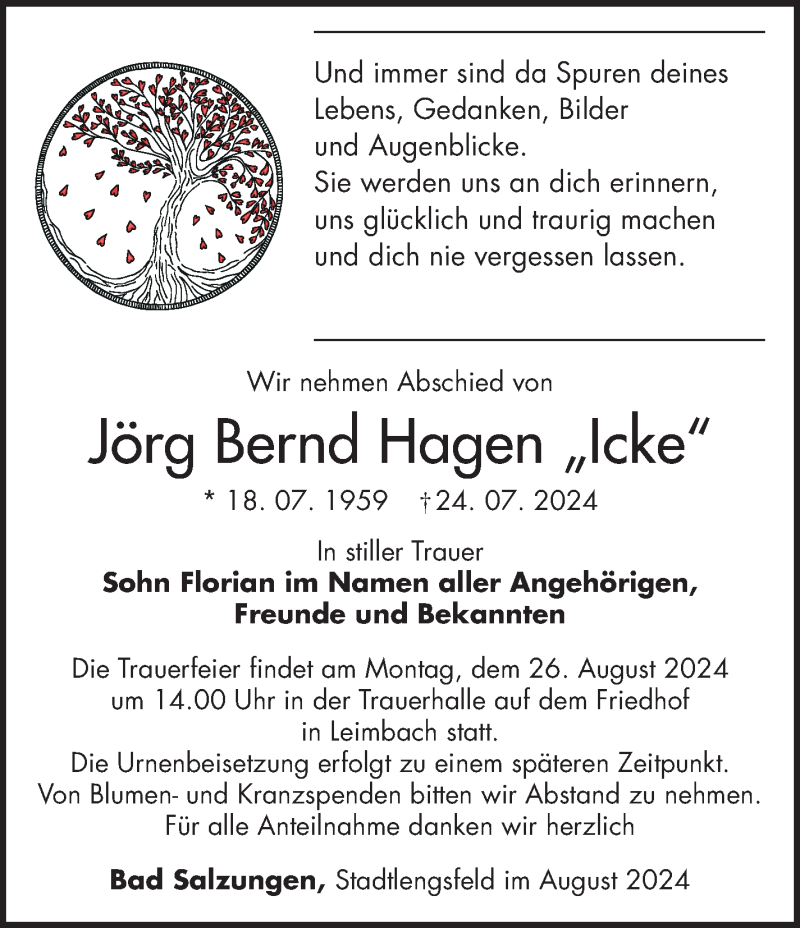  Traueranzeige für Jörg Hagen vom 20.08.2024 aus Südthüringer Presse