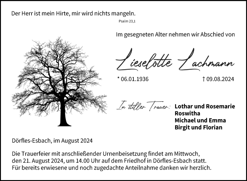  Traueranzeige für Lieselotte Lachmann vom 17.08.2024 aus Neue Presse Coburg