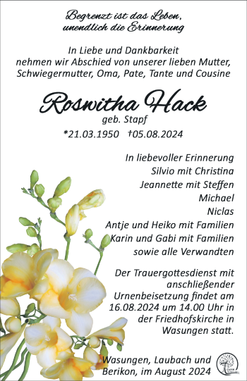 Traueranzeige von Roswitha Hack von Südthüringer Presse