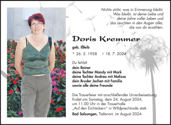 Traueranzeige von Doris Kremmer von Südthüringer Presse