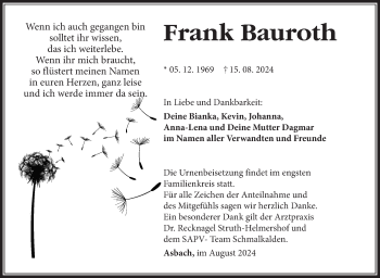 Traueranzeige von Frank Bauroth von Südthüringer Presse