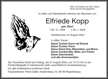 Traueranzeige von Elfriede Kopp von Frankenpost