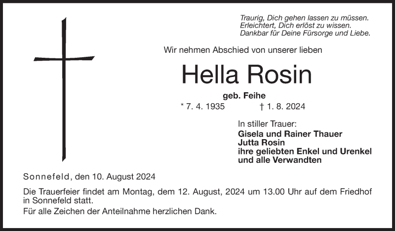  Traueranzeige für Hella Rosin vom 10.08.2024 aus Neue Presse Coburg